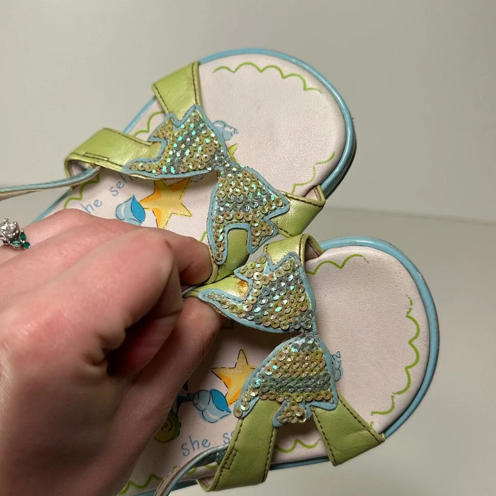 Vtg Gymboree Girls Mermaid Sequin Sandals Green Sea Shell Summer Shoes Size 11.5